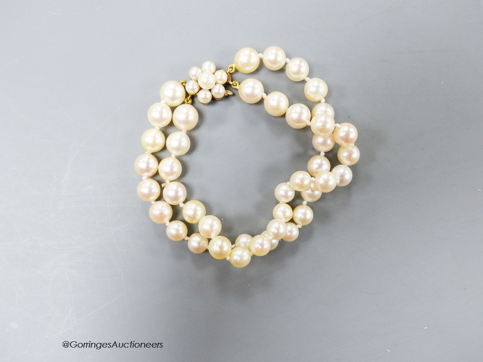 A twin strand cultured pearl bracelet, with 9ct gold and cultured pearl set clasp, 16cm, gross 20 grams.